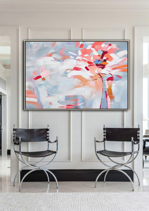 Large Abstract Art Handmade Oil Painting,Oversized Horizontal Contemporary Art,Modern Art Abstract Painting,White,Pink,Red,Grey.etc